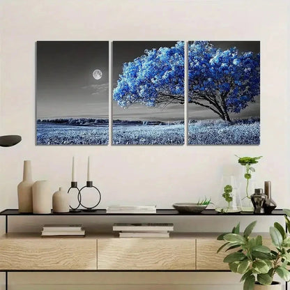 3pcs Blue-Leaved Tree Under Moonlight Poster Metal Print Ready to Hang Art