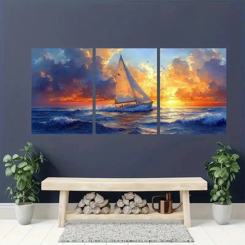 3pcs Vibrant Sunset Seascape Nautical Watercolor Metal Print Ready to Hang Art