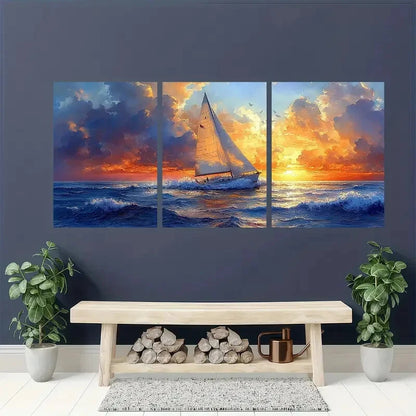 3pcs Vibrant Sunset Seascape Nautical Watercolor Metal Print Ready to Hang Art