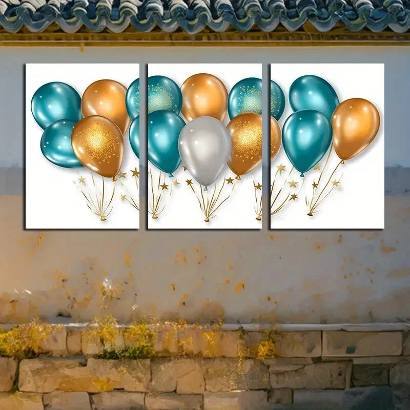 3pcs Decorative Balloon and Flower Design Metal Print Ready to Hang Art