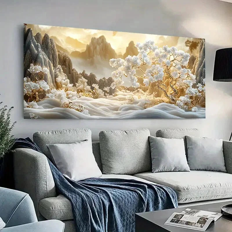 Snowy Peaks White Blossoms wall canvas office home room framed 120x60cm - Bella Home Decor