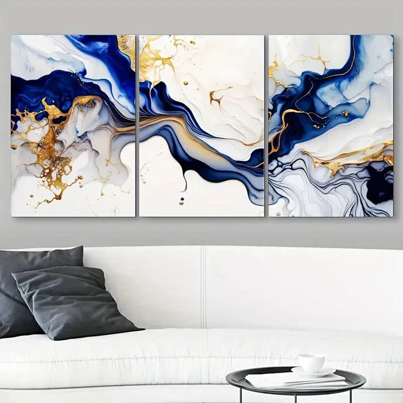 3pcs Midnight Blue Abstract Design Retro Geometric Metal Print Ready to Hang Art