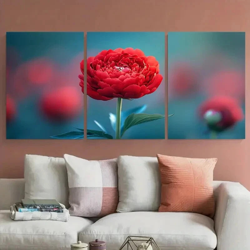 3pcs Crimson Red Peony Floral Photography Design Metal Print Ready to Hang Art