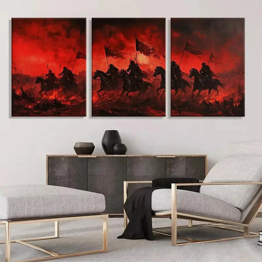 3pcs Red Warrior Cavalry Horsemen Flags Perfect Wall Art Set Canvas Framed 40x60cm - High Quality Print 100% Australian Made Wall Canvas Ready to Hang