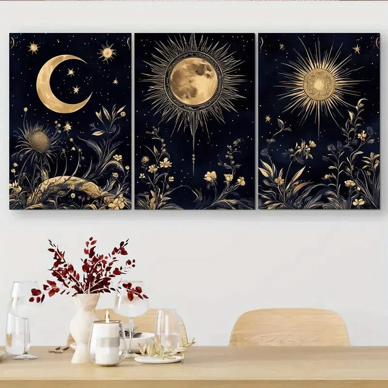 3pcs Golden and Navy Blue Celestial and Floral Metal Print Ready to Hang Art