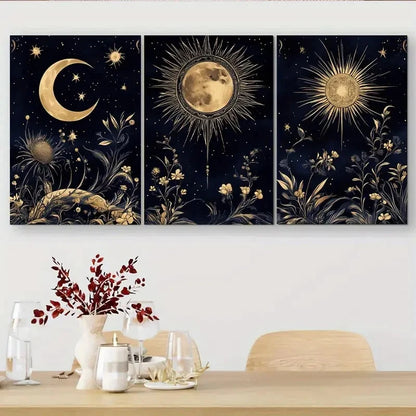3pcs Golden and Navy Blue Celestial and Floral Metal Print Ready to Hang Art