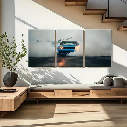 3pcs Dodge Blue Super Car Through Smoke Wall Art Set Canvas Framed 40x60cm - High Quality Print 100% Australian Made Wall Canvas Ready to Hang
