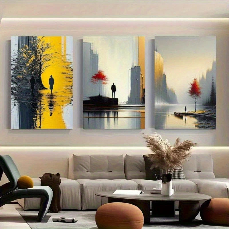 3pcs Modern Silhouette Yellow & Red Trees Metal Print Ready to Hang Art