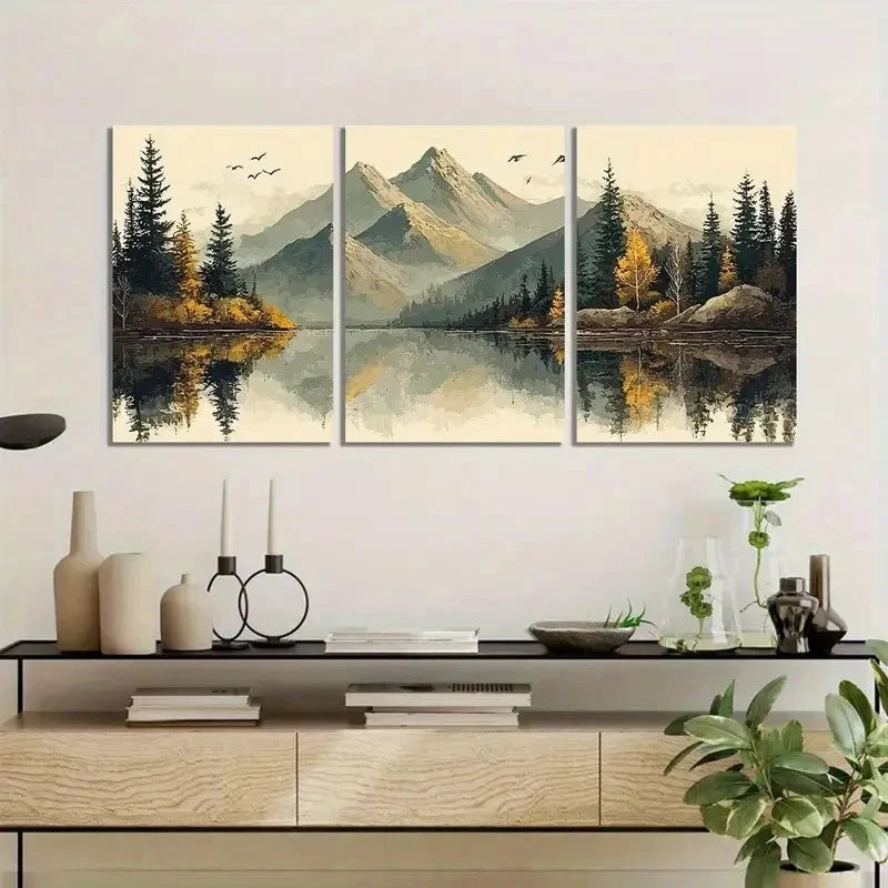3pcs Autumn Winter Landscape with Mountains Metal Print Ready to Hang Art