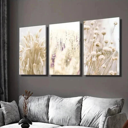 3pcs Classic Modern Bohemian Grass & Flowers Wall Art Set Canvas Framed 40x60cm - High Quality Print 100% Australian Made Wall Canvas Ready to Hang