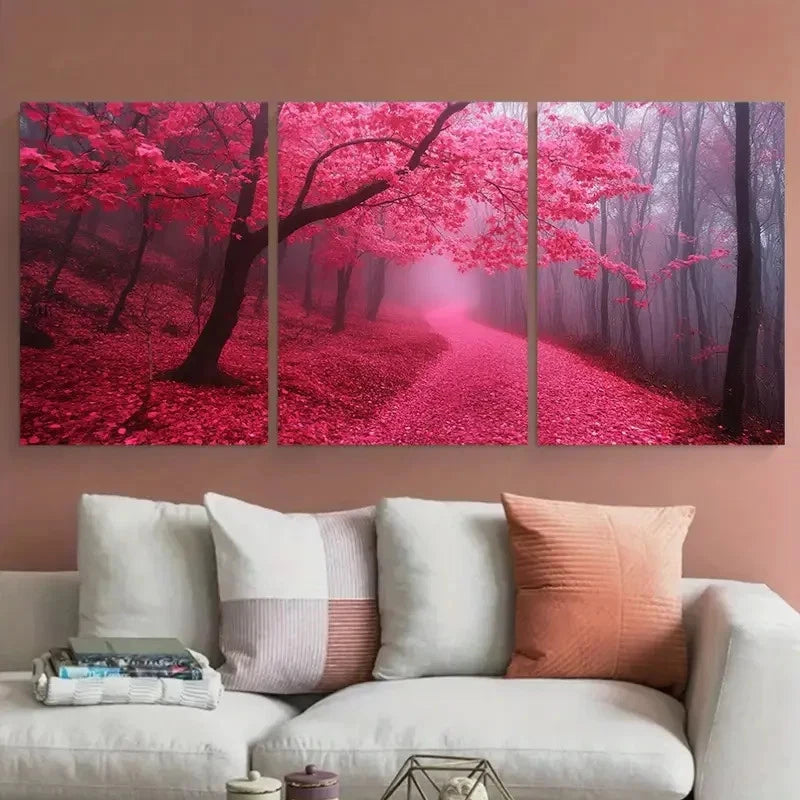3pcs Enchanting Forest Pink and Red Misty Scene Metal Print Ready to Hang Art