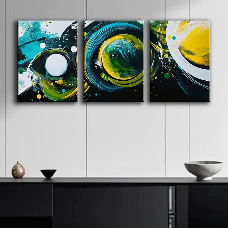 3pcs Festival Green Bubble Abstract Painting Metal Print Ready to Hang Art