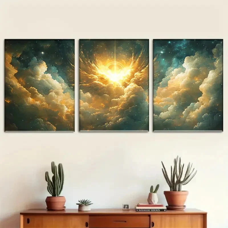 3pcs Dreamy Cosmic and Sea of Clouds Triptych Metal Print Ready to Hang Art