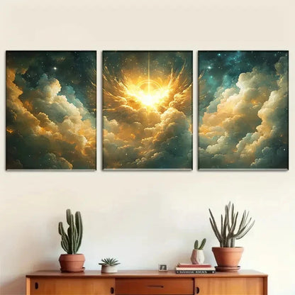 3pcs Dreamy Cosmic and Sea of Clouds Triptych Metal Print Ready to Hang Art