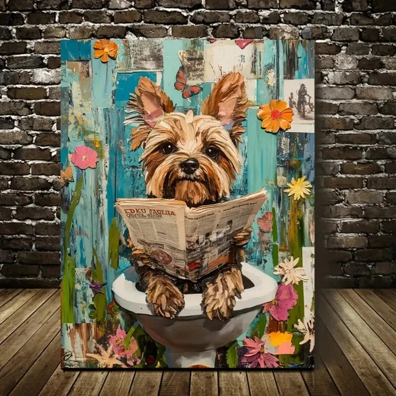 Yorkshire Terrier Reading Newspapers Painting 40x60cm Metal Print Ready to Hang