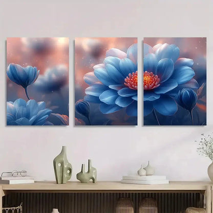 3pcs Vibrant Blue Chrysanthemum Metal Print Ready to Hang Art