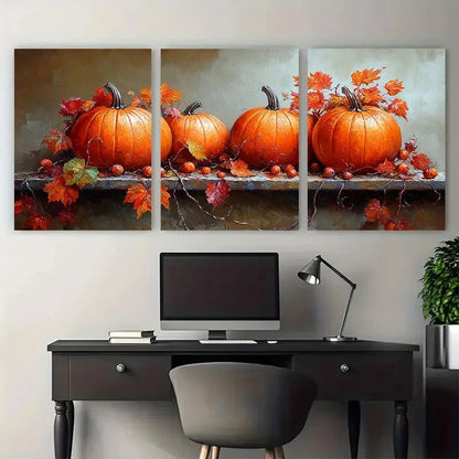 3pcs Fall Autumn Still Life with Pumpkins & Leaves Metal Print Ready to Hang Art