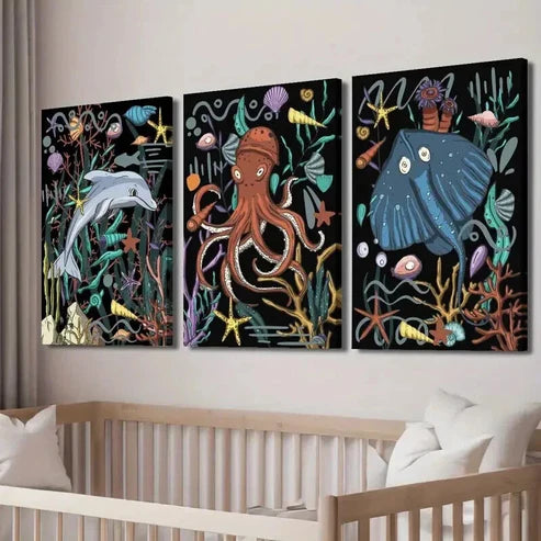 3pcs Dolphin Octopus Stingray Underwater Wall Art Set Canvas Unframed - High Quality Print 100% Australian Made Wall Canvas