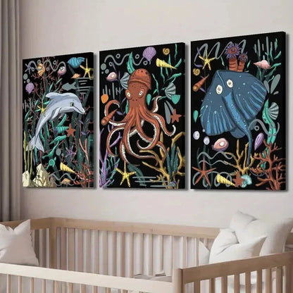 3pcs Dolphin Octopus Stingray Underwater Wall Art Set Canvas Unframed - High Quality Print 100% Australian Made Wall Canvas