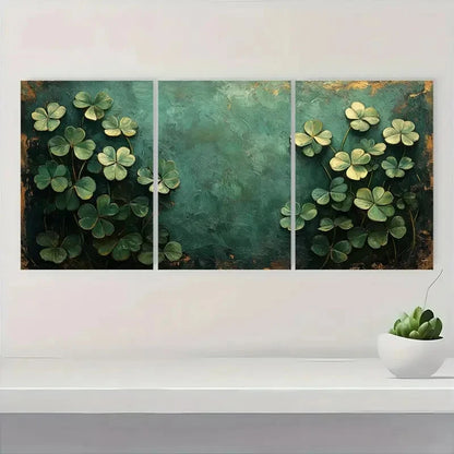 3pcs Vibrant Green Shamrock Design Oil Painting Metal Print Ready to Hang Art