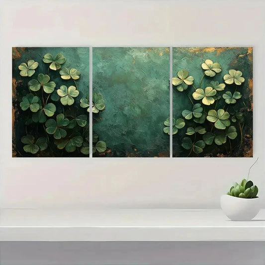 3pcs Vibrant Green Shamrock Design Oil Painting Metal Print Ready to Hang Art