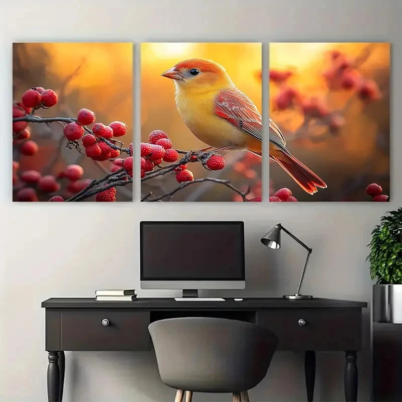 3pcs Red Bird Nature Illustration Metal Print Ready to Hang Art