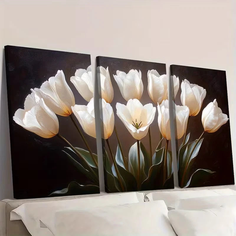 3pcs White Tulips with Black Oil Painting Wall Art Set Canvas Framed 60x90cm - High Quality Print 100% Australian Made Wall Canvas Ready to Hang