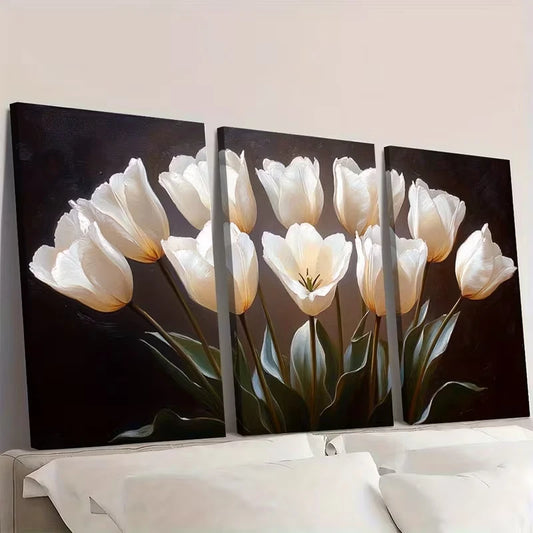 3pcs White Tulips with Black Oil Painting Wall Art Set Canvas Framed 60x90cm - High Quality Print 100% Australian Made Wall Canvas Ready to Hang