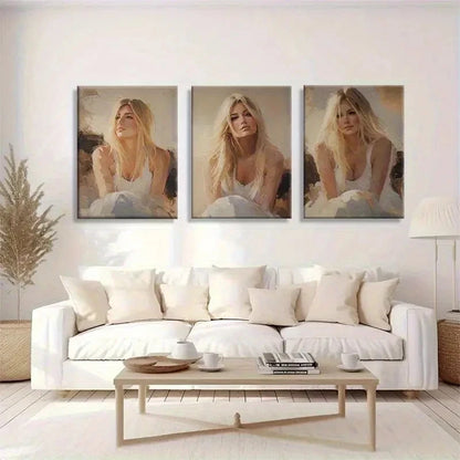 3pcs Blonde Woman in White Dress Seated Portrait Metal Print Ready to Hang Art