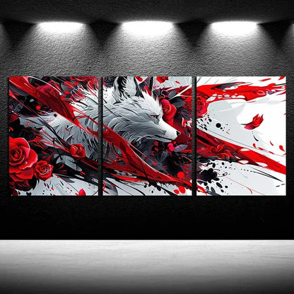 3pcs Enchanting White Fox Rose Illustration Metal Print Ready to Hang Art