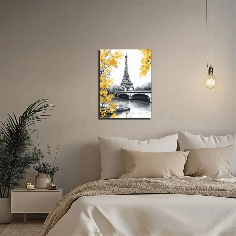 Eiffel Tower Paris Illustration With Yellow Flowers 40x60cm Metal Print Ready to Hang
