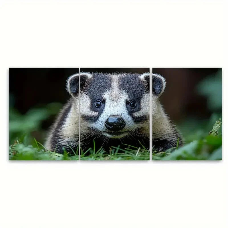 3pcs European Badger Cautiously Exploring Grassy Wall Art Set Canvas Framed 50x70cm - High Quality Print 100% Australian Made Wall Canvas Ready to Hang