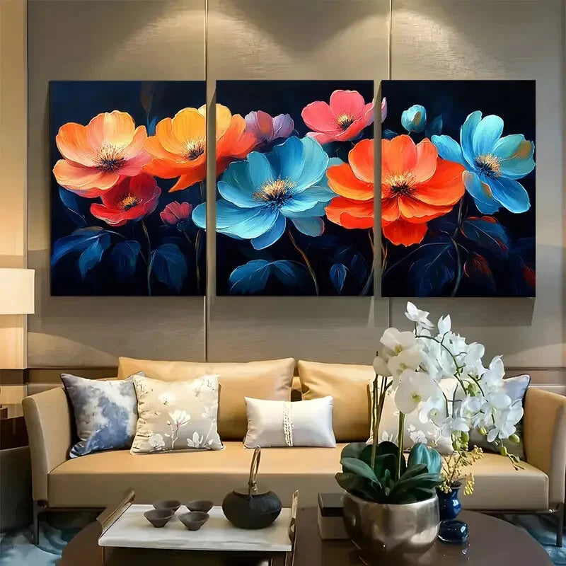 3pcs Vibrant Neon Flowers Black Background Metal Print Ready to Hang Art