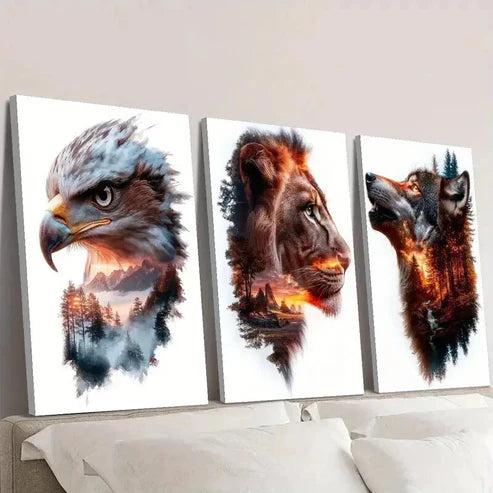 3pcs Eagle Lion Wolf Portraits and Nature Wall Art Canvas Unframed - High Quality Print 100% Australian Made Wall Canvas