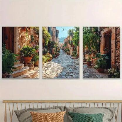 3pcs Rustic European Alleyway Design Metal Print Ready to Hang Art