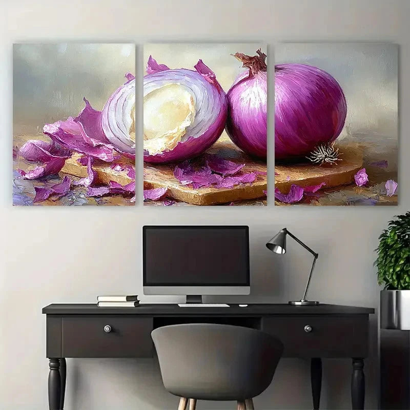 3pcs an Onion with Its Light Beige Half Peeled Metal Print Ready to Hang Art