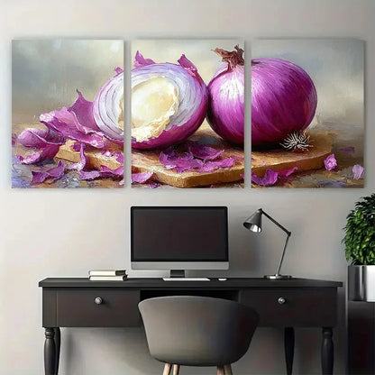 3pcs an Onion with Its Light Beige Half Peeled Metal Print Ready to Hang Art