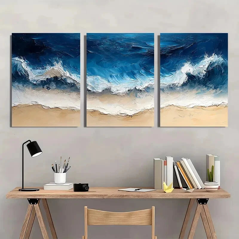 3pcs Abstract Blue Ocean Wave Beach Oil Painting Metal Print Ready to Hang Art
