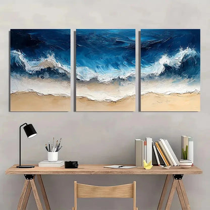 3pcs Abstract Blue Ocean Wave Beach Oil Painting Metal Print Ready to Hang Art