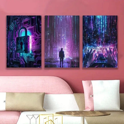 3pcs Neon Lit Cyberpunk Artwork Wall Art Set Canvas Framed 40x60cm - High Quality Print 100% Australian Made Wall Canvas Ready to Hang