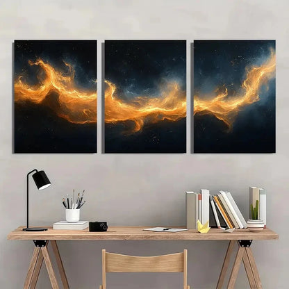 3pcs Abstract Geometric Black & Golden Smoke Wave Metal Print Ready to Hang Art