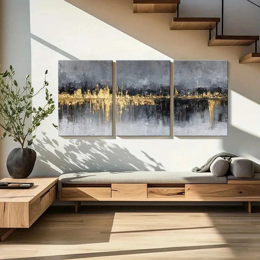 3pcs Set of Abstract Cityscape Golden Highlights Metal Print Ready to Hang Art