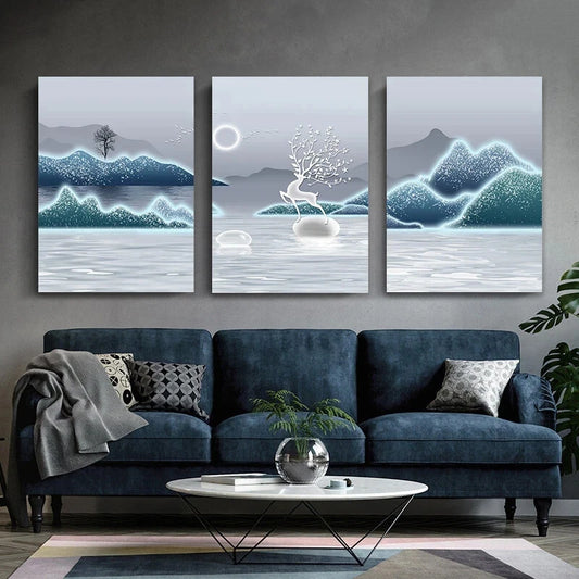 3pcs Deer and Moon Landscape Blue & White Metal Print Ready to Hang Art