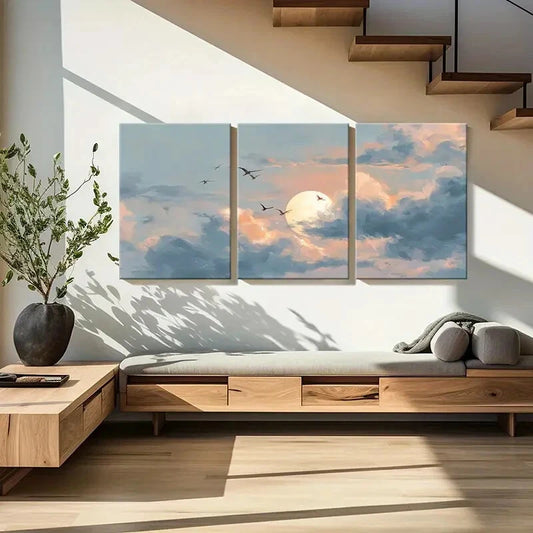3pcs Sky Scene Birds Flying Full Moon Cloudy Metal Print Ready to Hang Art