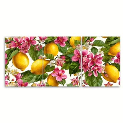 3pcs Italy Themed Menu, Lemons and Bougainvillea Metal Print Ready to Hang Art