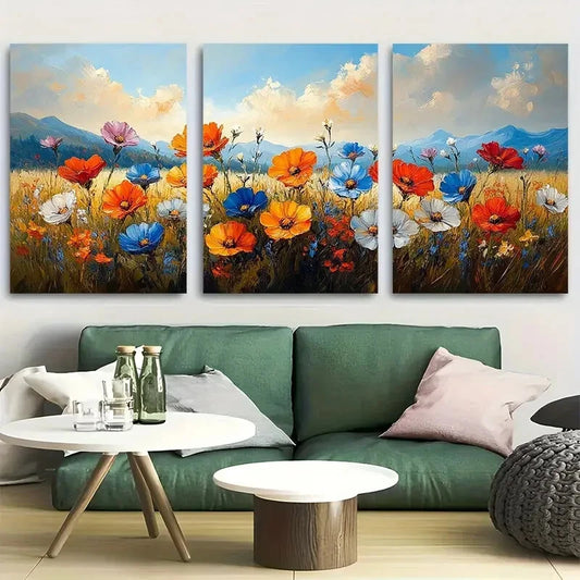 3pcs Vibrant Floral Meadow with Serene Sky Design Metal Print Ready to Hang Art