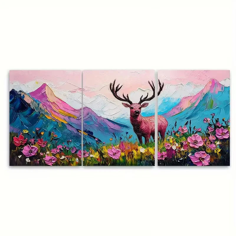 3pcs Deer Wildflower Meadow Metal Print Ready to Hang Art