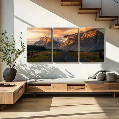 3pcs Scenery Mountains Sunset Road & Trees Wall Art Set Canvas Framed 40x60cm - High Quality Print 100% Australian Made Wall Canvas Ready to Hang