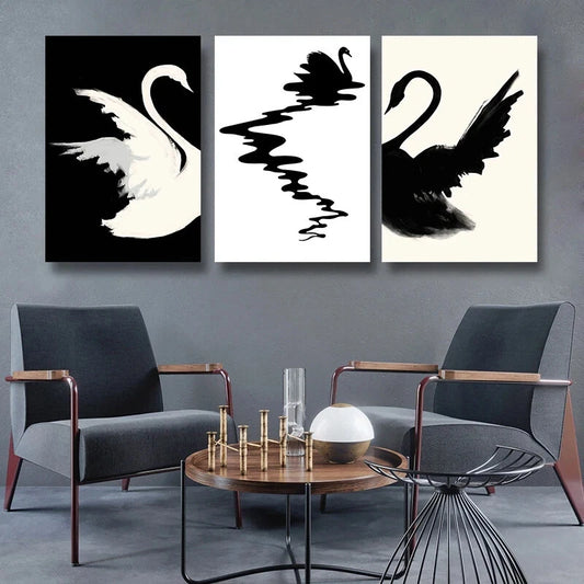 3pcs Black and White Swan Abstract Metal Print Ready to Hang Art
