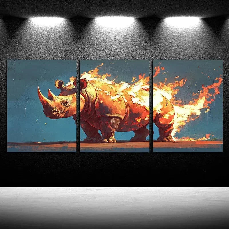 3pcs Vibrant Flame Rhinoceros Illustration Metal Print Ready to Hang Art